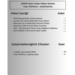 300W Hazır Solar Paket Sistem | Telefon Şarj & Aydınlatma Seti (Montaj Ekipmanları Dahil)