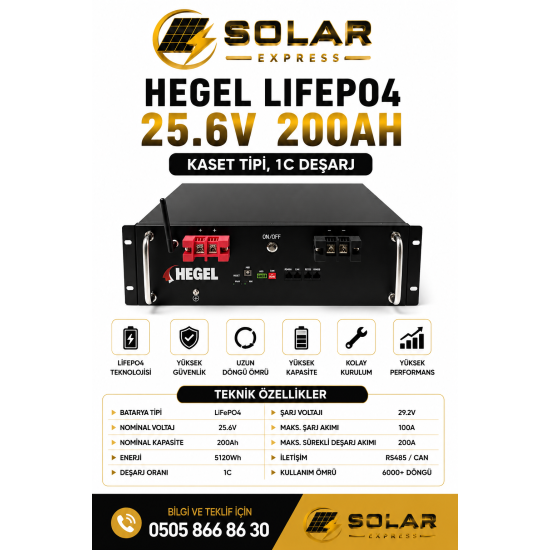 HEGEL LİFEPO4 AKÜ 25.6V 200AH KASET TİPİ, 1C DEŞARJ