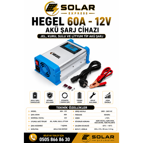 AKÜ ŞARJ CİHAZI 60A-12V JEL, KURU, SULU VE LİTYUM TİP AKÜ ŞARJ