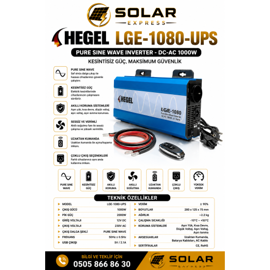 HEGEL 1000W 12V TAM SİNÜS AC ŞARJLI KUMANDALI İNVERTER