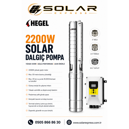  Hegel 2200 Watt AC-DC Solar Dalgıç Pompa - Max.50 Metre - Max.35 Ton Su