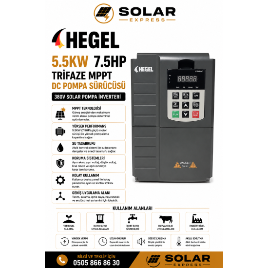 Hegel 5.5KW 7.5HP Trifaze MPPT Dalgıç Pompa Sürücüsü 380V Solar Pompa İnverteri