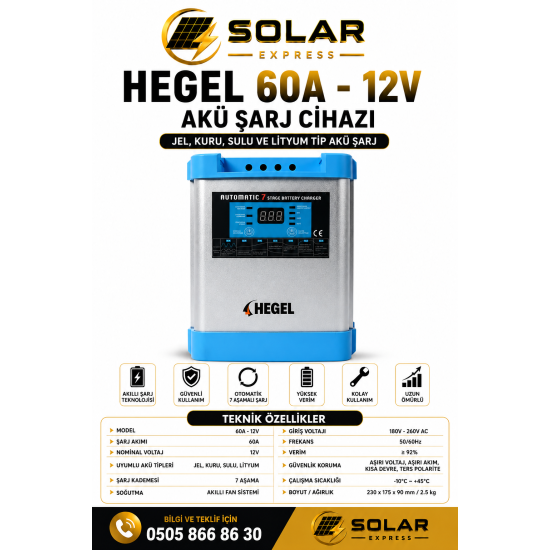 AKÜ ŞARJ CİHAZI 60A-12V JEL, KURU, SULU VE LİTYUM TİP AKÜ ŞARJ