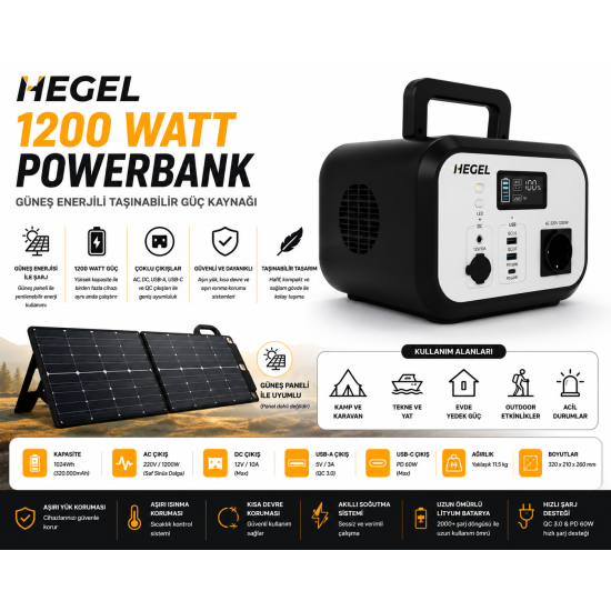  Hegel 1200 Watt Powerbank - Güneş Enerjili Taşınabilir Güç Kaynağı